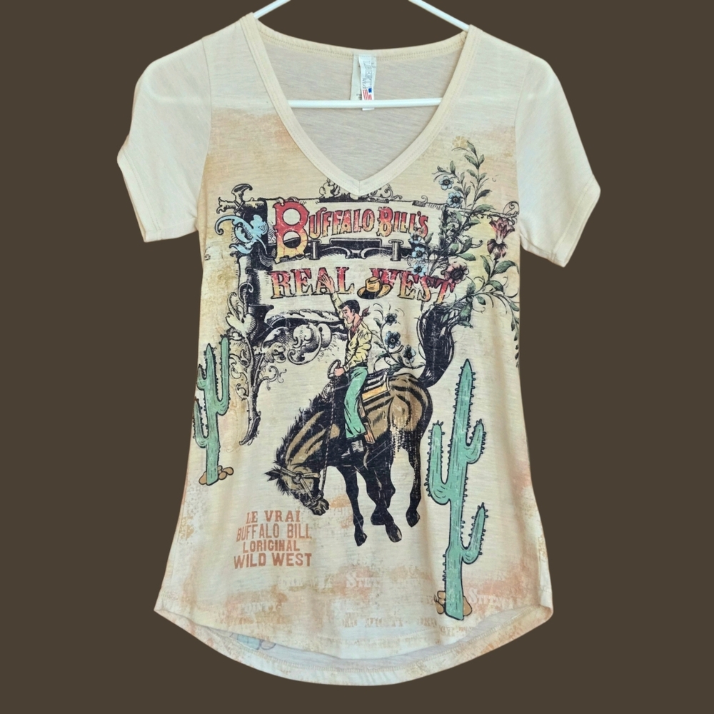 Vtg Buffalo Bill's Real West T-shirt V-neck Graphic Western Print Horse Sz S/USA - Picture 6 of 7